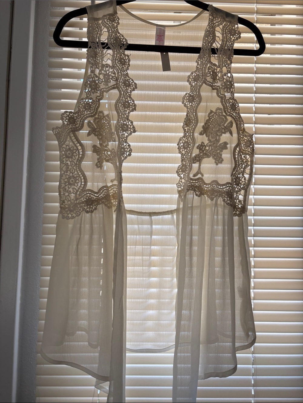 No Boundaries Ivory Sheer Lace-Trim Open Front Tunic